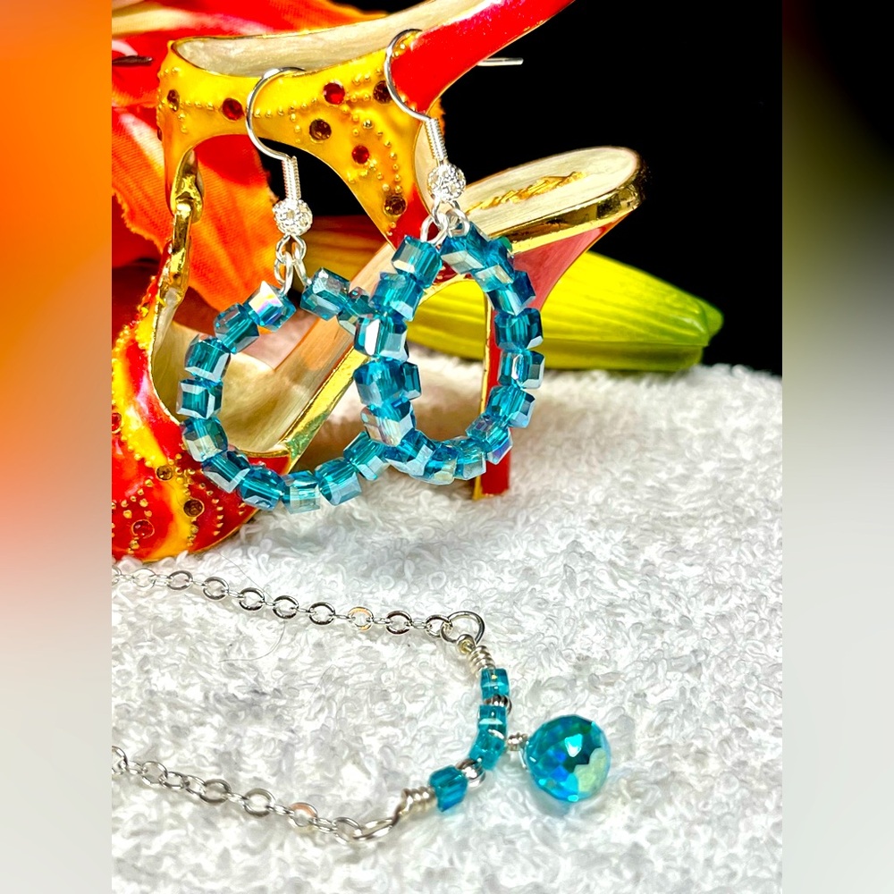 💖2pc set-Stunning Lake blue hoops briolette chain necklace -artisan